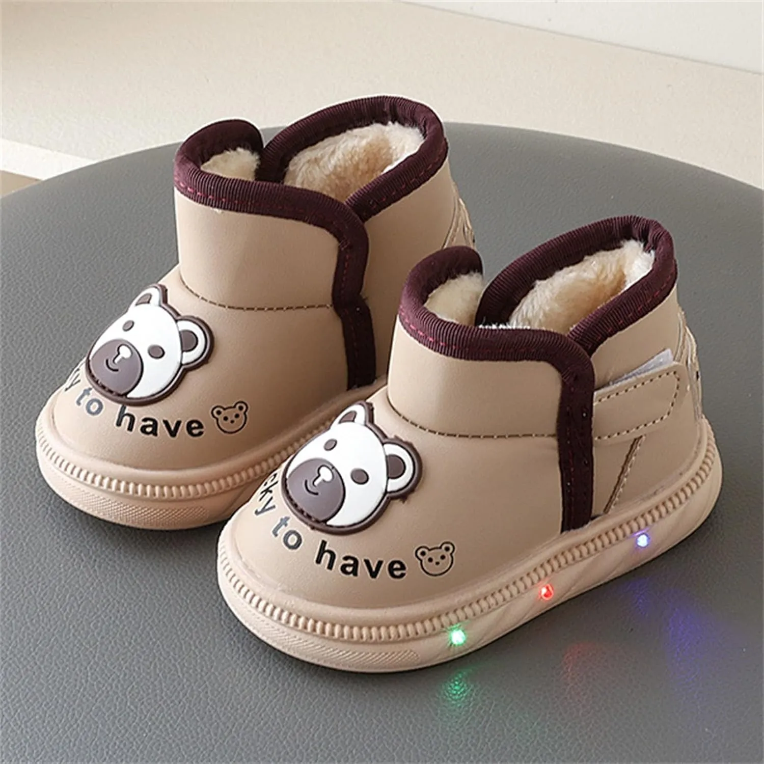 Baby Infant Boys Girls Booties Bear Light Up Glitter Fuzzy Shoes Boots Winter Outdoor First Walking Non Slip Shoes