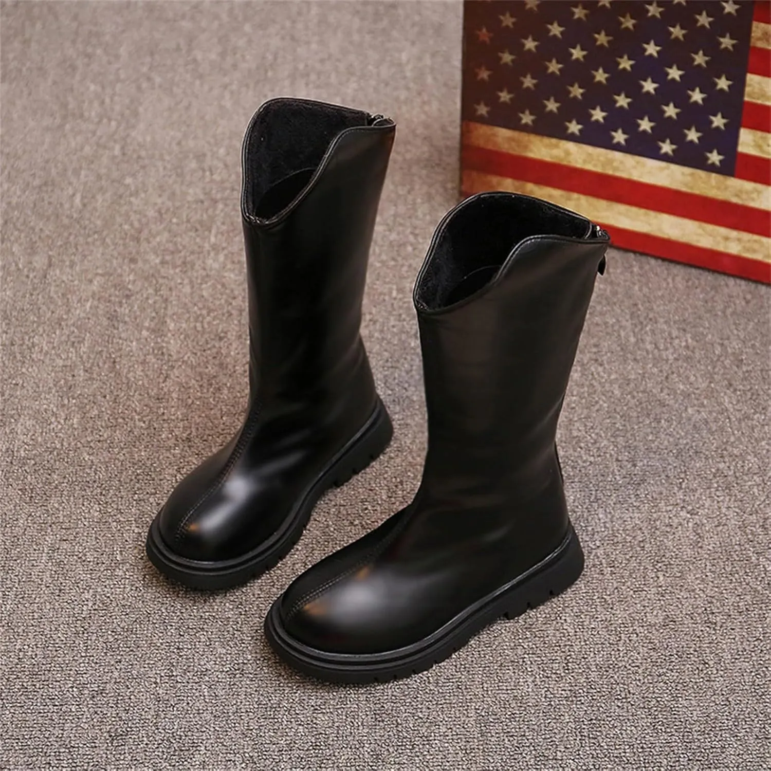 Leather aterproof Boots For Girls Kids Mid Length Zipper ow Heel Shoes Childrens Soft Non Slip Dress Dance Shoes